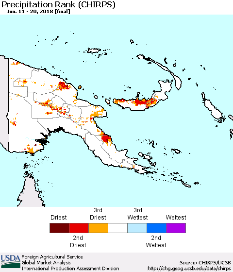 Papua New Guinea Precipitation Rank since 1981 (CHIRPS) Thematic Map For 6/11/2018 - 6/20/2018