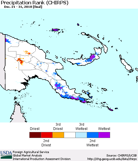 Papua New Guinea Precipitation Rank since 1981 (CHIRPS) Thematic Map For 12/21/2018 - 12/31/2018