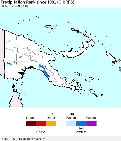 Papua New Guinea Precipitation Rank since 1981 (CHIRPS) Thematic Map For 1/1/2024 - 1/10/2024