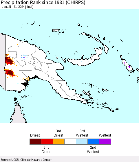 Papua New Guinea Precipitation Rank since 1981 (CHIRPS) Thematic Map For 1/21/2024 - 1/31/2024