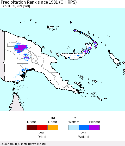 Papua New Guinea Precipitation Rank since 1981 (CHIRPS) Thematic Map For 2/21/2024 - 2/29/2024