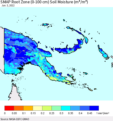 Papua New Guinea SMAP Root Zone (0-100 cm) Soil Moisture (m³/m³) Thematic Map For 1/1/2022 - 1/5/2022