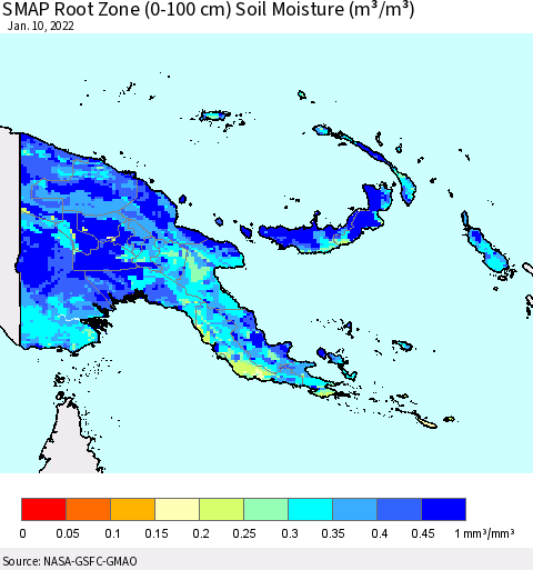 Papua New Guinea SMAP Root Zone (0-100 cm) Soil Moisture (m³/m³) Thematic Map For 1/6/2022 - 1/10/2022
