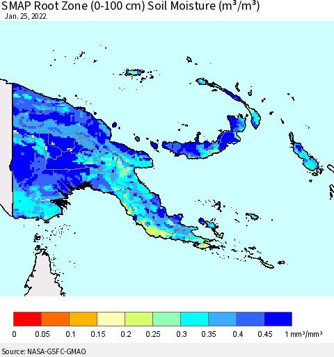 Papua New Guinea SMAP Root Zone (0-100 cm) Soil Moisture (m³/m³) Thematic Map For 1/21/2022 - 1/25/2022