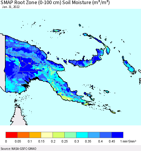 Papua New Guinea SMAP Root Zone (0-100 cm) Soil Moisture (m³/m³) Thematic Map For 1/26/2022 - 1/31/2022