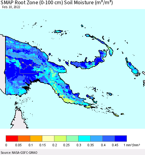 Papua New Guinea SMAP Root Zone (0-100 cm) Soil Moisture (m³/m³) Thematic Map For 2/6/2022 - 2/10/2022