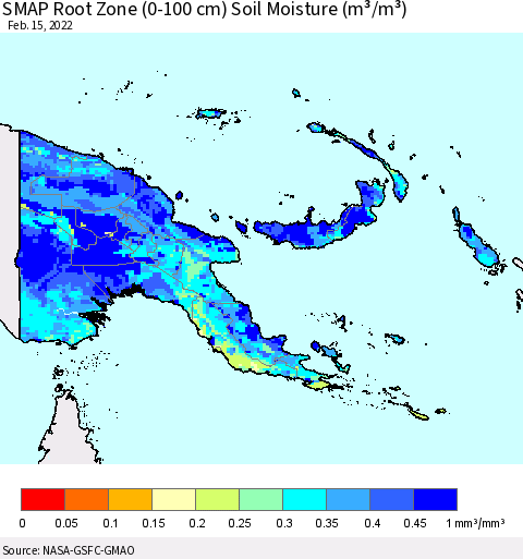 Papua New Guinea SMAP Root Zone (0-100 cm) Soil Moisture (m³/m³) Thematic Map For 2/11/2022 - 2/15/2022