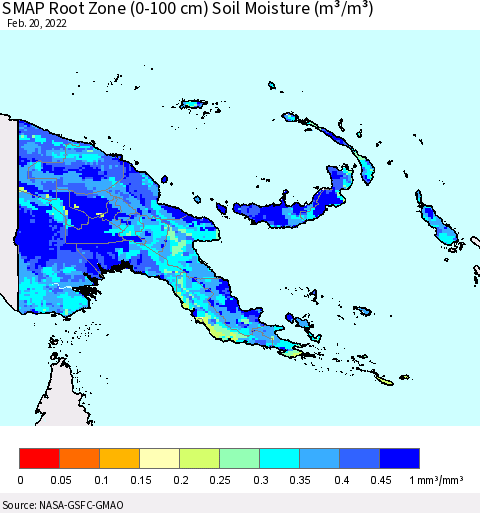 Papua New Guinea SMAP Root Zone (0-100 cm) Soil Moisture (m³/m³) Thematic Map For 2/16/2022 - 2/20/2022