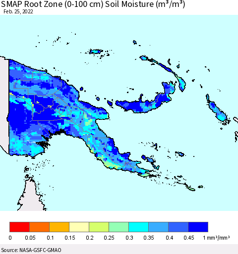 Papua New Guinea SMAP Root Zone (0-100 cm) Soil Moisture (m³/m³) Thematic Map For 2/21/2022 - 2/25/2022