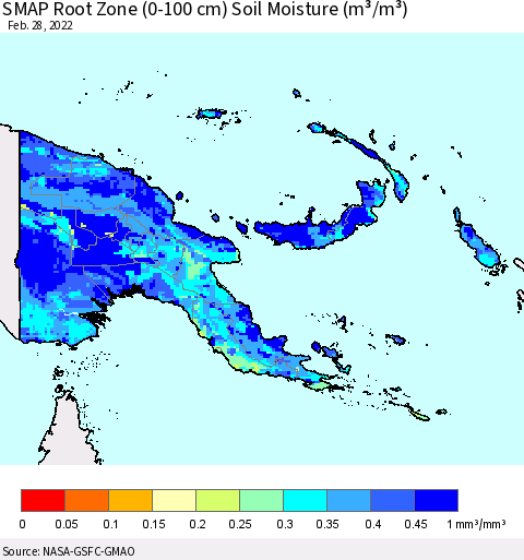 Papua New Guinea SMAP Root Zone (0-100 cm) Soil Moisture (m³/m³) Thematic Map For 2/26/2022 - 2/28/2022