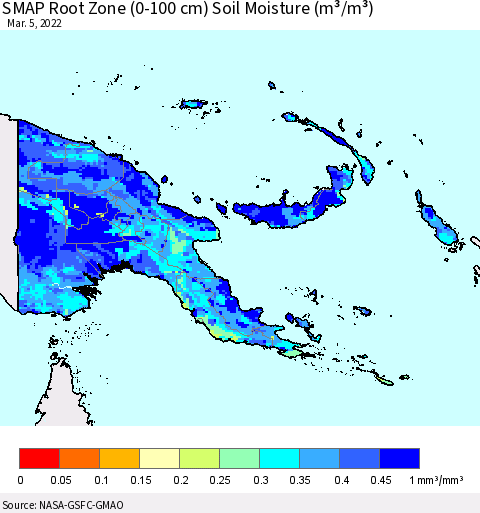 Papua New Guinea SMAP Root Zone (0-100 cm) Soil Moisture (m³/m³) Thematic Map For 3/1/2022 - 3/5/2022