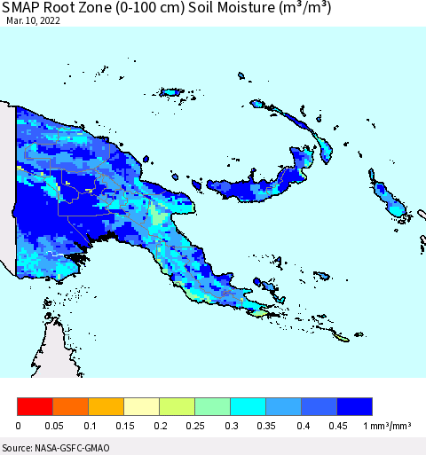 Papua New Guinea SMAP Root Zone (0-100 cm) Soil Moisture (m³/m³) Thematic Map For 3/6/2022 - 3/10/2022