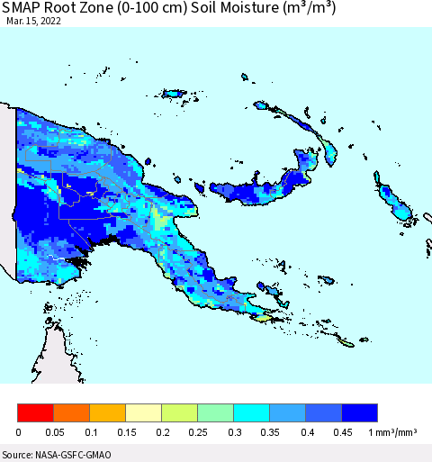 Papua New Guinea SMAP Root Zone (0-100 cm) Soil Moisture (m³/m³) Thematic Map For 3/11/2022 - 3/15/2022