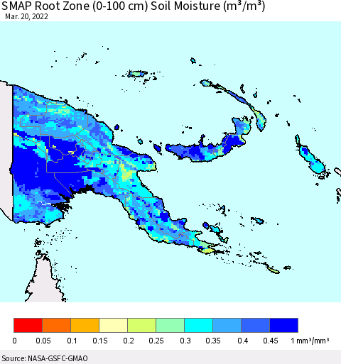 Papua New Guinea SMAP Root Zone (0-100 cm) Soil Moisture (m³/m³) Thematic Map For 3/16/2022 - 3/20/2022