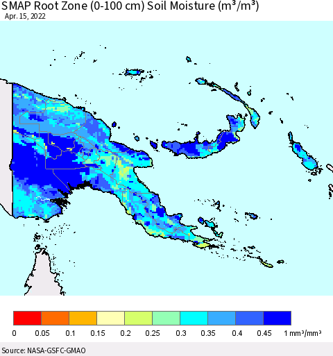Papua New Guinea SMAP Root Zone (0-100 cm) Soil Moisture (m³/m³) Thematic Map For 4/11/2022 - 4/15/2022