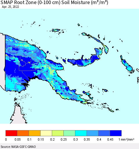 Papua New Guinea SMAP Root Zone (0-100 cm) Soil Moisture (m³/m³) Thematic Map For 4/21/2022 - 4/25/2022