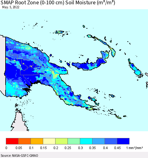 Papua New Guinea SMAP Root Zone (0-100 cm) Soil Moisture (m³/m³) Thematic Map For 5/1/2022 - 5/5/2022