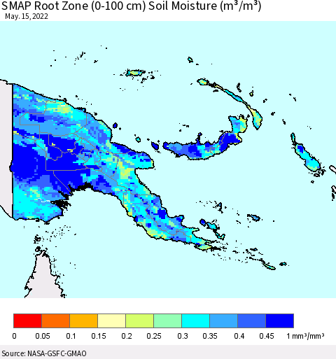 Papua New Guinea SMAP Root Zone (0-100 cm) Soil Moisture (m³/m³) Thematic Map For 5/11/2022 - 5/15/2022
