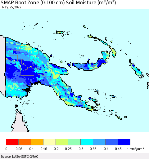 Papua New Guinea SMAP Root Zone (0-100 cm) Soil Moisture (m³/m³) Thematic Map For 5/21/2022 - 5/25/2022