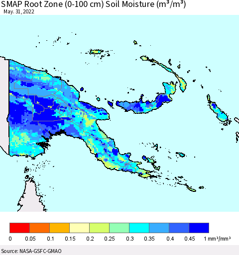 Papua New Guinea SMAP Root Zone (0-100 cm) Soil Moisture (m³/m³) Thematic Map For 5/26/2022 - 5/31/2022