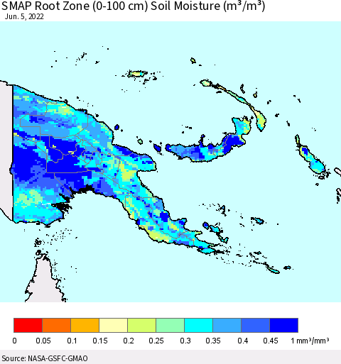 Papua New Guinea SMAP Root Zone (0-100 cm) Soil Moisture (m³/m³) Thematic Map For 6/1/2022 - 6/5/2022