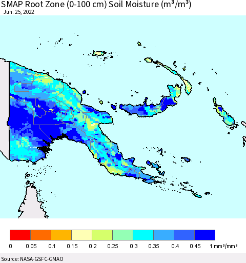 Papua New Guinea SMAP Root Zone (0-100 cm) Soil Moisture (m³/m³) Thematic Map For 6/21/2022 - 6/25/2022