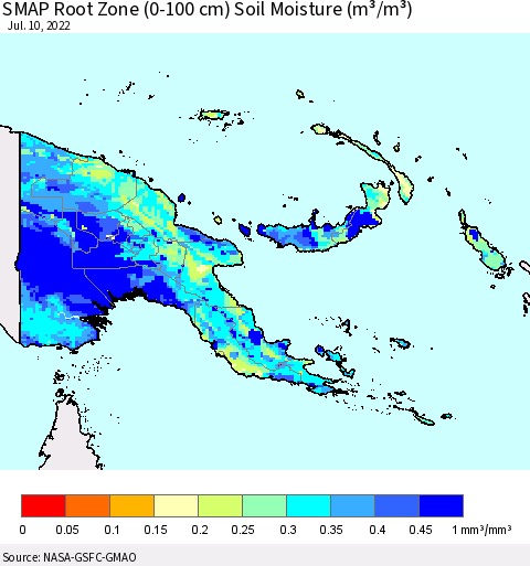 Papua New Guinea SMAP Root Zone (0-100 cm) Soil Moisture (m³/m³) Thematic Map For 7/6/2022 - 7/10/2022