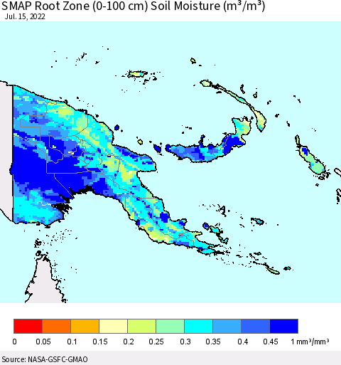 Papua New Guinea SMAP Root Zone (0-100 cm) Soil Moisture (m³/m³) Thematic Map For 7/11/2022 - 7/15/2022