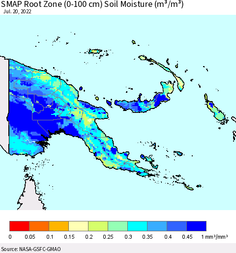 Papua New Guinea SMAP Root Zone (0-100 cm) Soil Moisture (m³/m³) Thematic Map For 7/16/2022 - 7/20/2022
