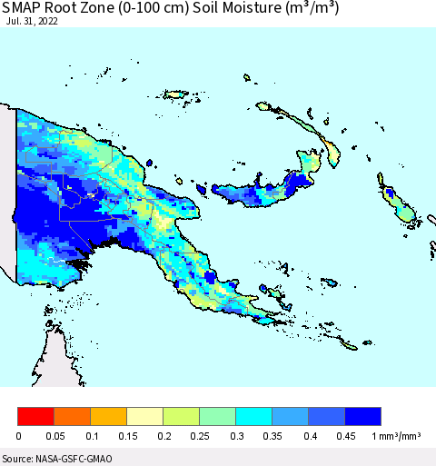 Papua New Guinea SMAP Root Zone (0-100 cm) Soil Moisture (m³/m³) Thematic Map For 7/26/2022 - 7/31/2022
