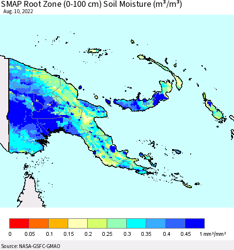 Papua New Guinea SMAP Root Zone (0-100 cm) Soil Moisture (m³/m³) Thematic Map For 8/6/2022 - 8/10/2022