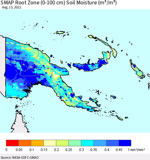 Papua New Guinea SMAP Root Zone (0-100 cm) Soil Moisture (m³/m³) Thematic Map For 8/11/2022 - 8/15/2022