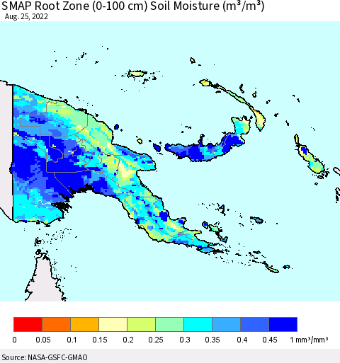 Papua New Guinea SMAP Root Zone (0-100 cm) Soil Moisture (m³/m³) Thematic Map For 8/21/2022 - 8/25/2022