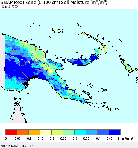 Papua New Guinea SMAP Root Zone (0-100 cm) Soil Moisture (m³/m³) Thematic Map For 9/1/2022 - 9/5/2022