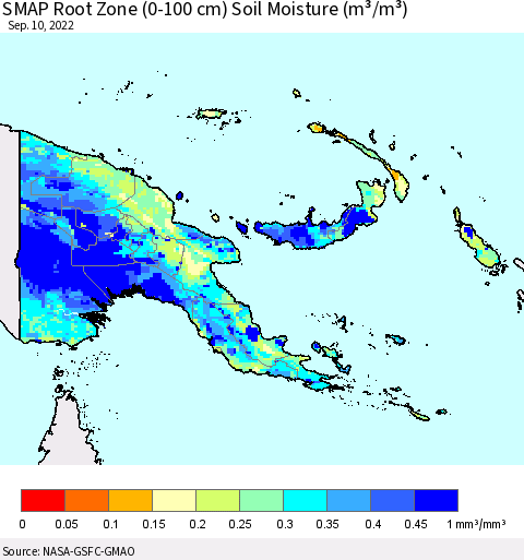 Papua New Guinea SMAP Root Zone (0-100 cm) Soil Moisture (m³/m³) Thematic Map For 9/6/2022 - 9/10/2022