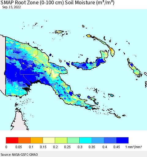 Papua New Guinea SMAP Root Zone (0-100 cm) Soil Moisture (m³/m³) Thematic Map For 9/11/2022 - 9/15/2022