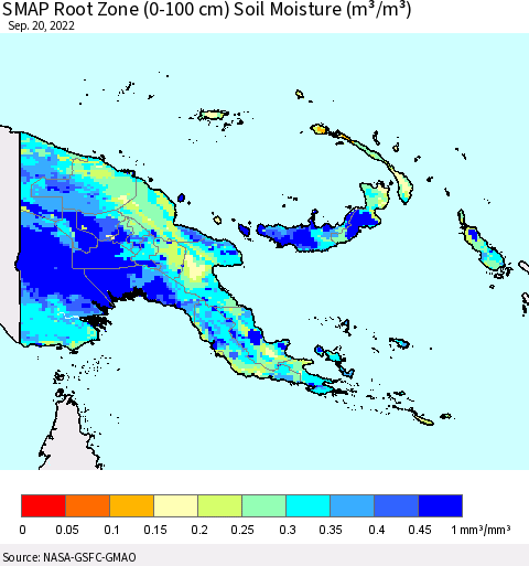 Papua New Guinea SMAP Root Zone (0-100 cm) Soil Moisture (m³/m³) Thematic Map For 9/16/2022 - 9/20/2022