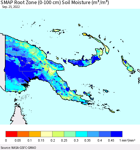 Papua New Guinea SMAP Root Zone (0-100 cm) Soil Moisture (m³/m³) Thematic Map For 9/21/2022 - 9/25/2022