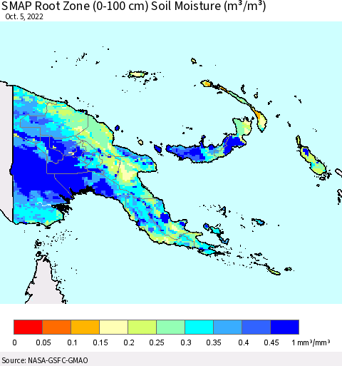 Papua New Guinea SMAP Root Zone (0-100 cm) Soil Moisture (m³/m³) Thematic Map For 10/1/2022 - 10/5/2022