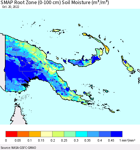 Papua New Guinea SMAP Root Zone (0-100 cm) Soil Moisture (m³/m³) Thematic Map For 10/16/2022 - 10/20/2022