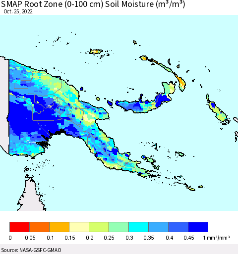 Papua New Guinea SMAP Root Zone (0-100 cm) Soil Moisture (m³/m³) Thematic Map For 10/21/2022 - 10/25/2022