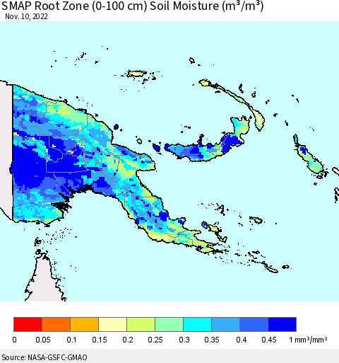 Papua New Guinea SMAP Root Zone (0-100 cm) Soil Moisture (m³/m³) Thematic Map For 11/6/2022 - 11/10/2022