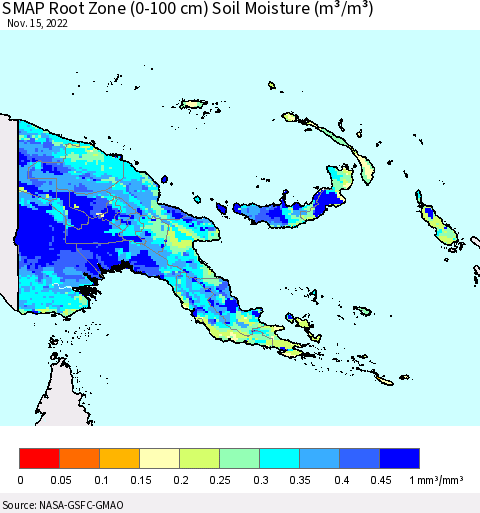 Papua New Guinea SMAP Root Zone (0-100 cm) Soil Moisture (m³/m³) Thematic Map For 11/11/2022 - 11/15/2022