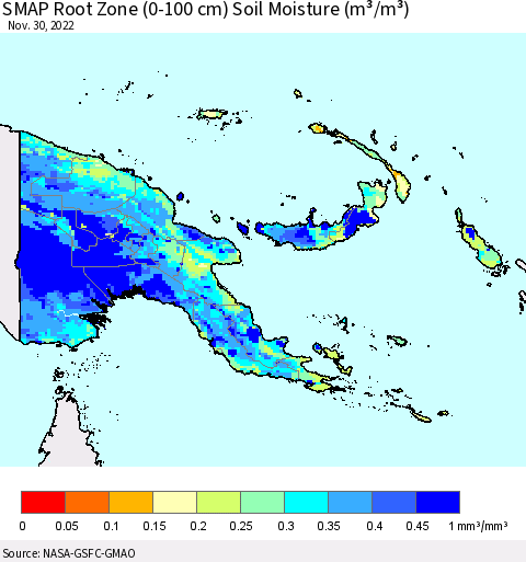 Papua New Guinea SMAP Root Zone (0-100 cm) Soil Moisture (m³/m³) Thematic Map For 11/26/2022 - 11/30/2022