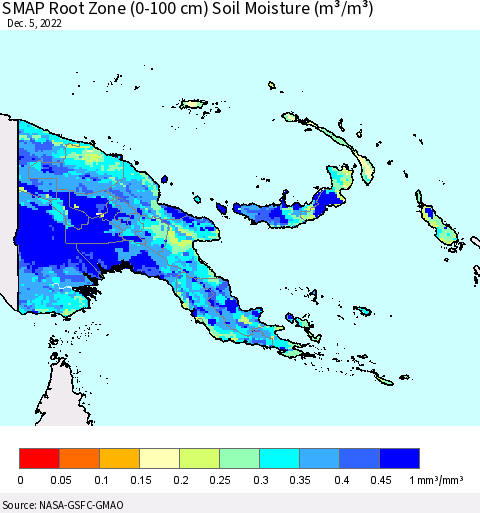 Papua New Guinea SMAP Root Zone (0-100 cm) Soil Moisture (m³/m³) Thematic Map For 12/1/2022 - 12/5/2022