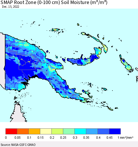 Papua New Guinea SMAP Root Zone (0-100 cm) Soil Moisture (m³/m³) Thematic Map For 12/11/2022 - 12/15/2022