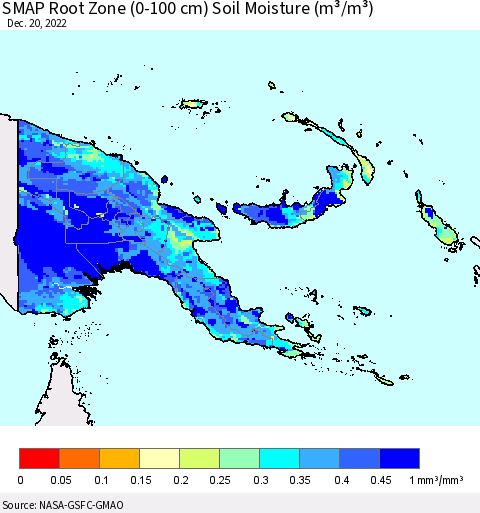 Papua New Guinea SMAP Root Zone (0-100 cm) Soil Moisture (m³/m³) Thematic Map For 12/16/2022 - 12/20/2022