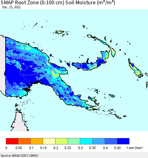 Papua New Guinea SMAP Root Zone (0-100 cm) Soil Moisture (m³/m³) Thematic Map For 12/21/2022 - 12/25/2022