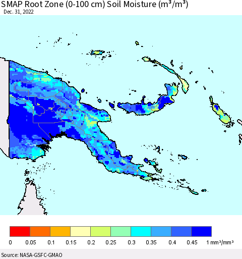 Papua New Guinea SMAP Root Zone (0-100 cm) Soil Moisture (m³/m³) Thematic Map For 12/26/2022 - 12/31/2022