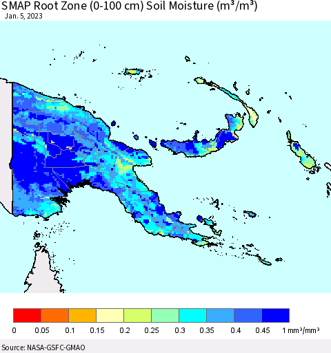 Papua New Guinea SMAP Root Zone (0-100 cm) Soil Moisture (m³/m³) Thematic Map For 1/1/2023 - 1/5/2023